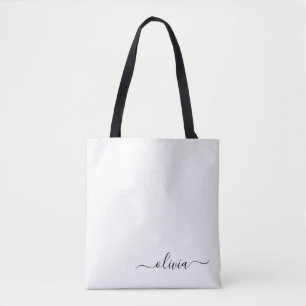 Black Name White Girly Script Monogram Modern Tote Bag