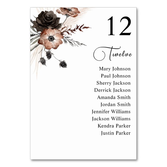Black & Natural Floral Boho Table Seating Chart Table Number (Back)