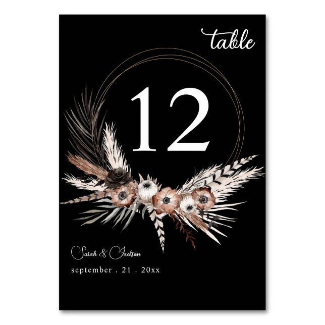 Black & Natural Floral Boho Wedding - Black Table Number (Front)