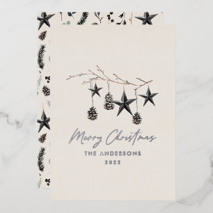 Black natural scandi modern botanical  foil holiday card