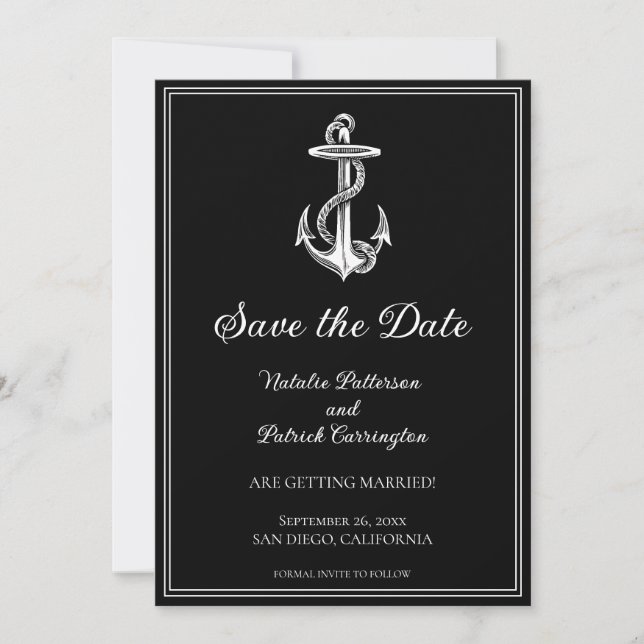 Black Nautical Anchor Save the Date Invite (Front)