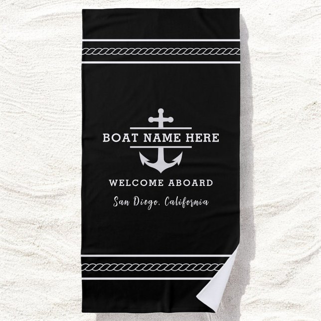 Black Nautical Boat Name Welcome Aboard Anchor  Beach Towel (Creator Uploaded)