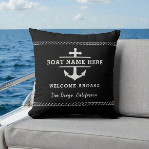 Black Nautical Boat Name Welcome Aboard Anchor  Cushion