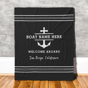 Black Nautical Boat Name Welcome Aboard Anchor Fleece Blanket