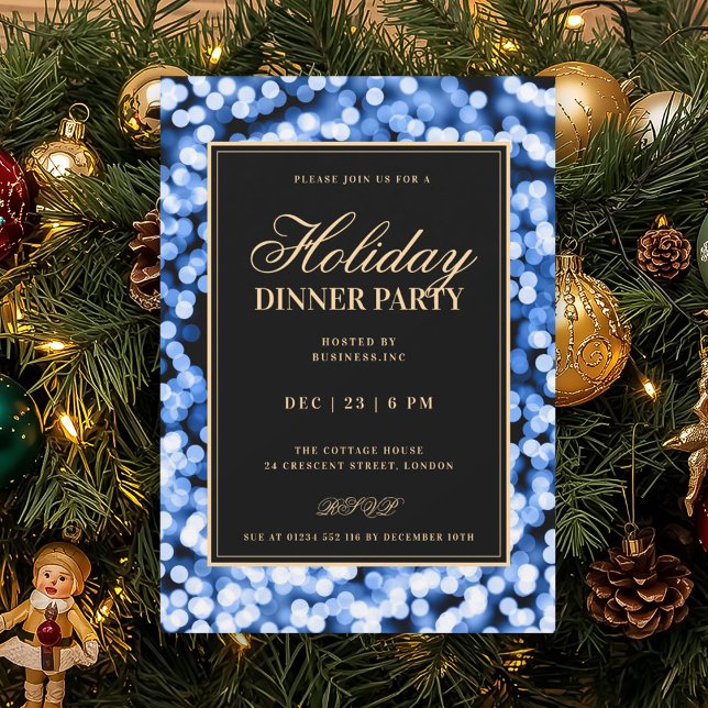 Black & Navy Blue Glam Lights Holiday Dinner Party Invitation (Black & Navy Blue Glam Lights Holiday Dinner Party Invitation)