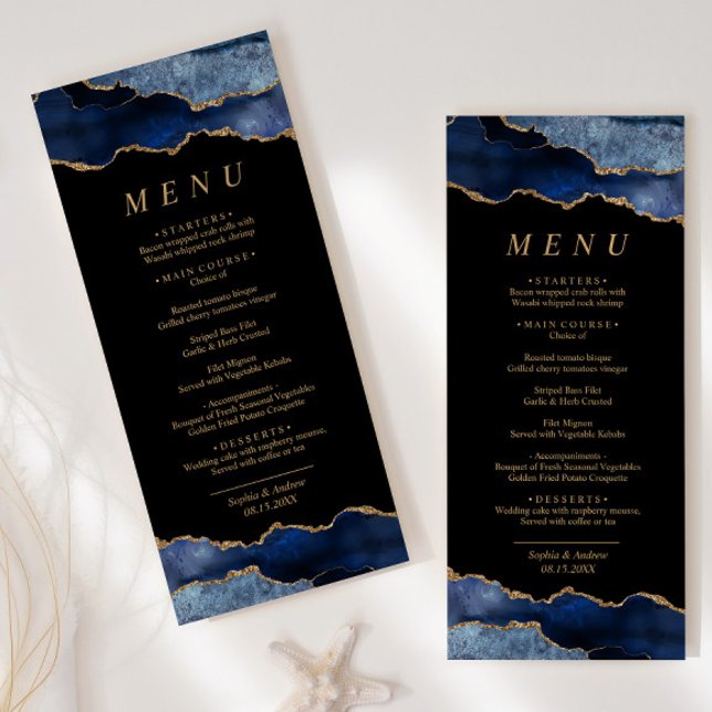 Black & Navy Blue Gold Calligraphy Wedding Menu (Creator Uploaded)