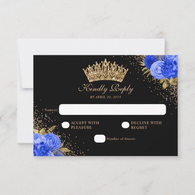 Black Navy Blue Gold Glitter Floral Quinceanera RSVP Card (Front)