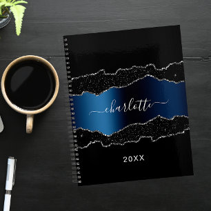 Black navy blue silver agate marble name 2022 planner
