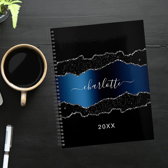 Black navy blue silver agate marble name 2026 planner (Creator Uploaded)