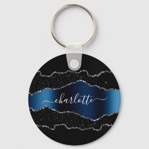 Black navy blue silver agate marble name script key ring