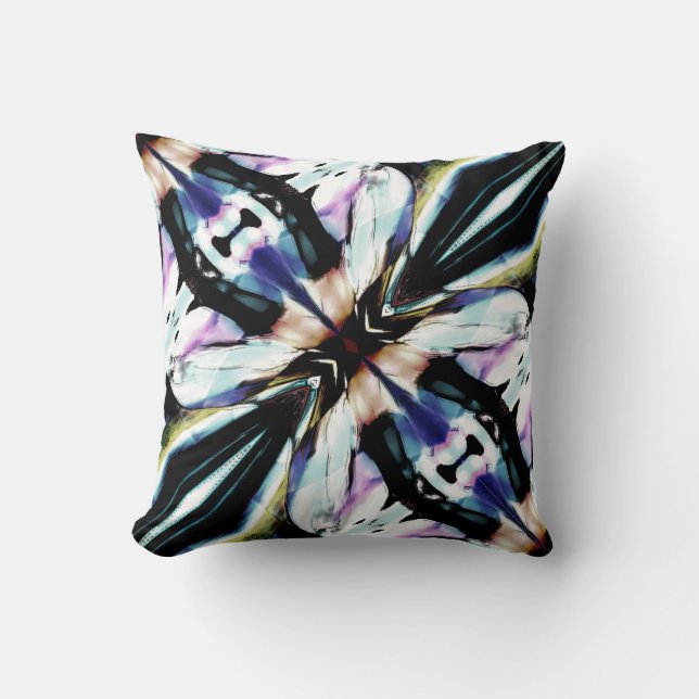 Black Navy Pink Tan Yellow White Abstract Flower Cushion (Front)