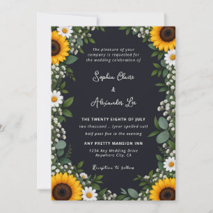 Black Navy Sunflower Rustic Floral Wedding Invitation