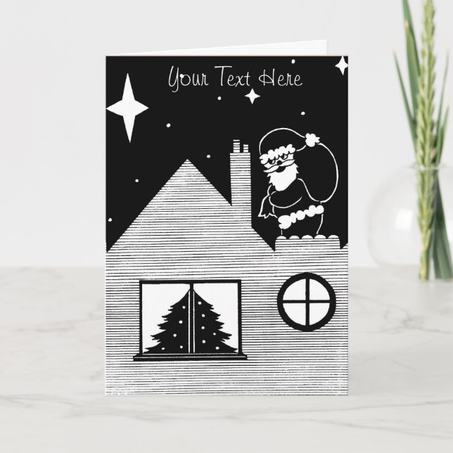 black nd white cute santa with sack on roof  holiday card (Front)