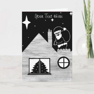 black nd white cute santa with sack on roof  holiday card