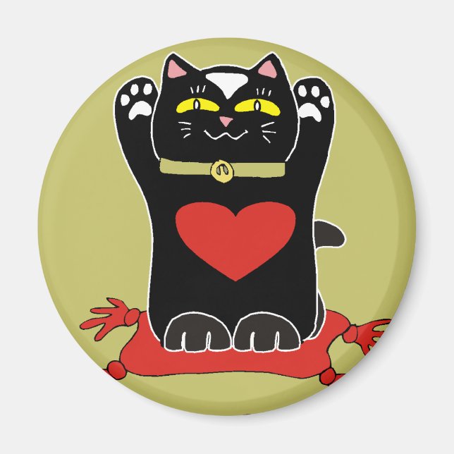 Black Neko with Hearts Magnet (Front)