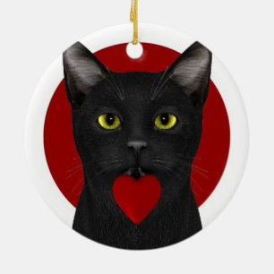 Black Neko With Red Heart Ceramic Tree Decoration
