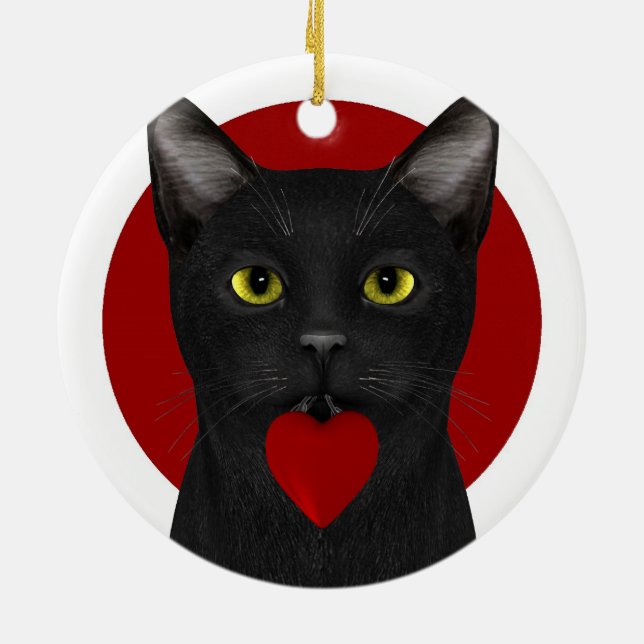 Black Neko With Red Heart Ceramic Tree Decoration (Back)