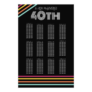 Black & Neon 40th Retro Stripe Seating Chart Photo Print
