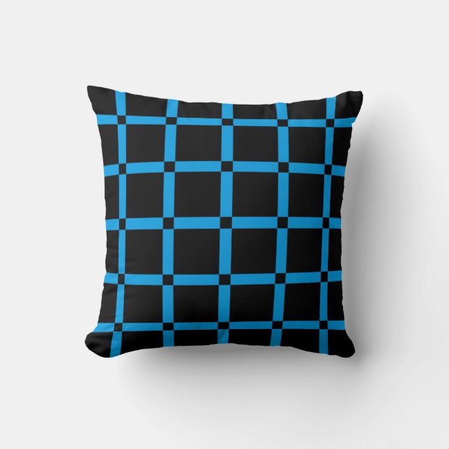 Black & Neon Blue Grid Pattern Throw Pillow (Front)