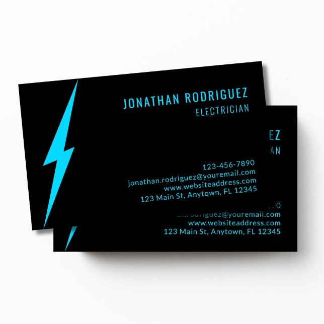 Black Neon Blue Lighting Bolt Custom Electrician  Business Card (Creator Uploaded)