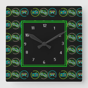 Black & Neon Gamer Square Wall Clock