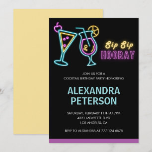 Black Neon Glow Cocktail 56th birthday Invitation