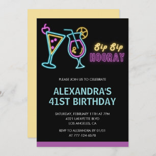 Black Neon Glow Cocktail Martini 41st birthday Invitation