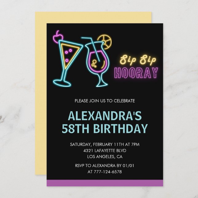 Black Neon Glow Cocktail Martini 58th birthday Invitation (Front/Back)