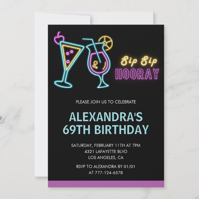 Black Neon Glow Cocktail Martini 69th birthday Invitation (Front)