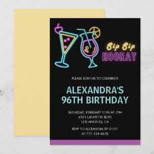 Black Neon Glow Cocktail Martini 96th birthday Invitation