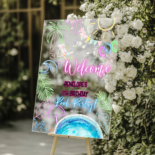 Black Neon Glow Watercolor Pool Party Welcome Acrylic Sign