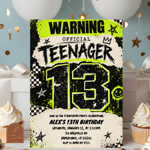 Black Neon Green Grunge Party 13th birthday Invitation