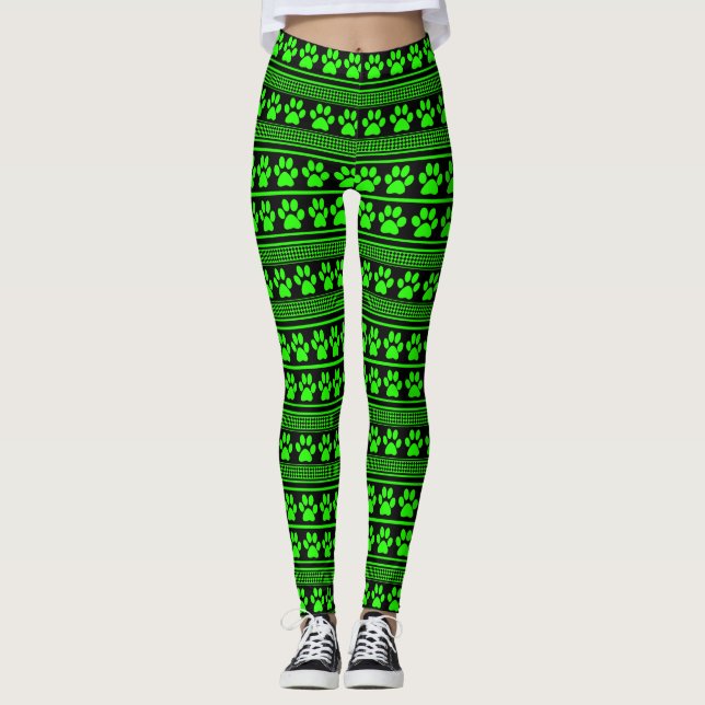 Black neon green paw print pattern leggings (Front)