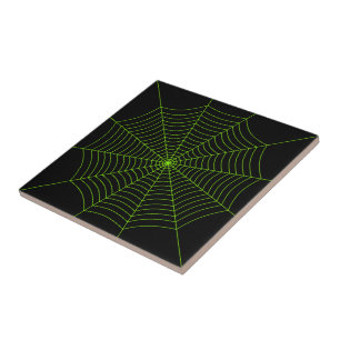 Black neon green spider web Halloween pattern Ceramic Tile