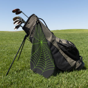 Black neon green spider web Halloween pattern Golf Towel