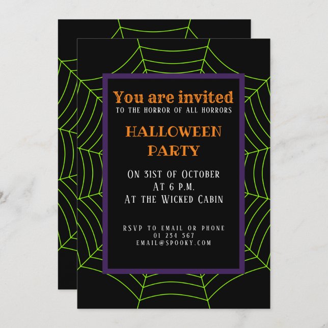 Black neon green spider web Halloween pattern Invitation (Front/Back)