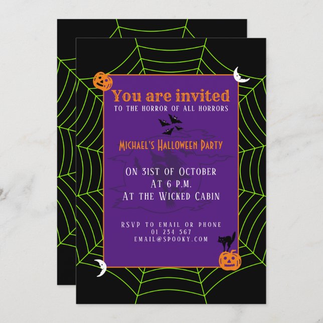 Black neon green spider web Halloween pattern Invitation (Front/Back)