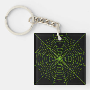 Black neon green spider web Halloween pattern Key Ring