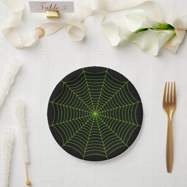 Black neon green spider web Halloween pattern Paper Plate (Wedding)
