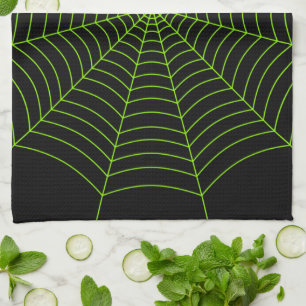 Black neon green spider web Halloween pattern Tea Towel