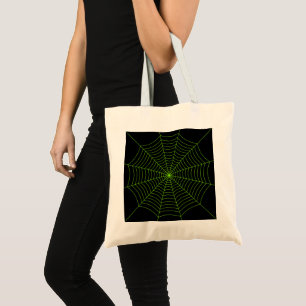 Black neon green spider web Halloween pattern Tote Bag