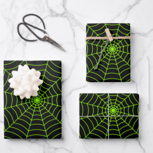 Black neon green spider web Halloween pattern Wrapping Paper Sheet
