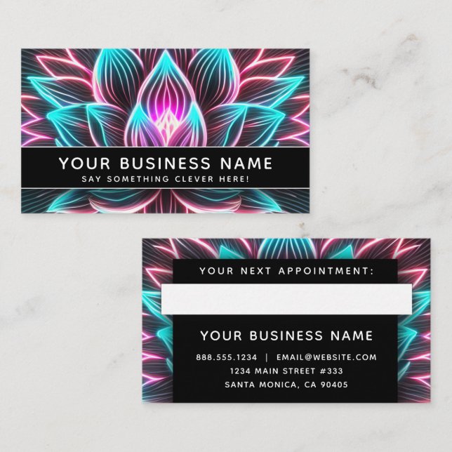 Black Neon Pink and Blue Lotus Flower Professional Appointment Card (Front/Back)
