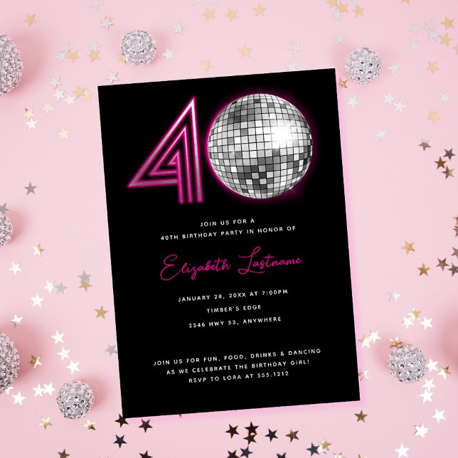 Black Neon Pink Disco Ball Forty 40th Birthday Invitation (Creator Uploaded)