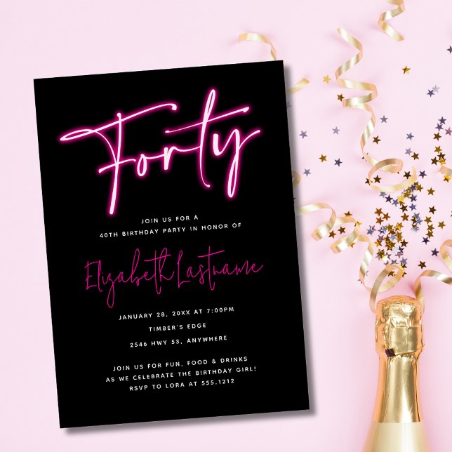Black Neon Pink Forty 40th Birthday Invitation  (Creator Uploaded)
