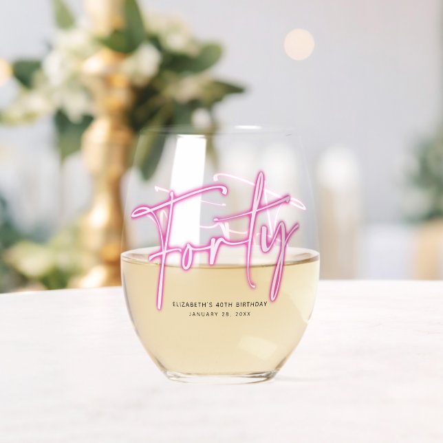 Black Neon Pink Forty 40th Birthday Stemless Wine Glass (Insitu (Wedding))