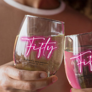 Black Neon Pink Forty 50th Birthday Stemless Wine Glass