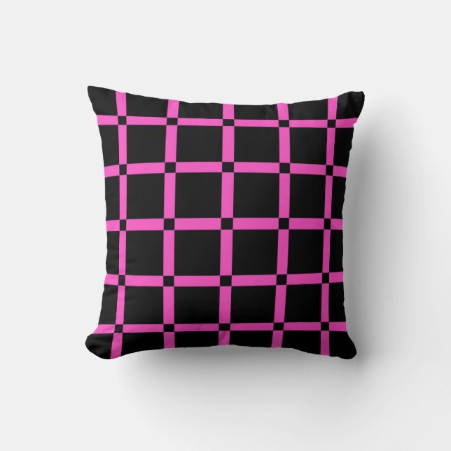 Black & Neon Pink Grid Patern Throw Pillow (Front)