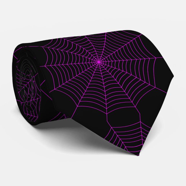 Black neon pink spider web Halloween pattern Tie (Rolled)