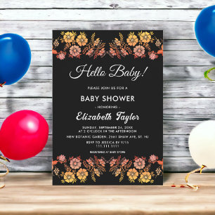 Black Neon Roses Romantic Fall Floral Baby Shower Invitation